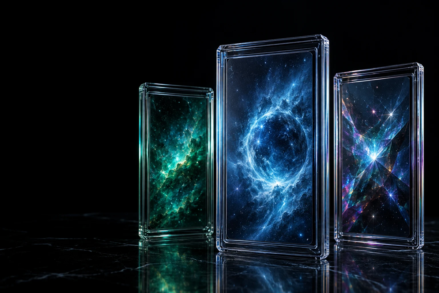 Original collectible card artwork in clear protective slabs, illuminated with emerald light