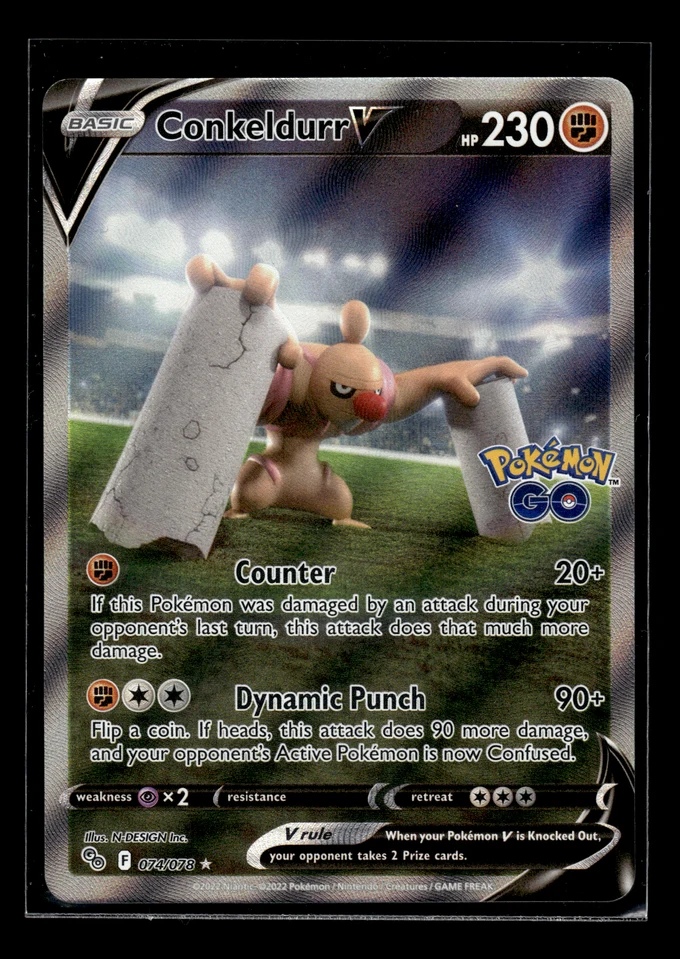 Conkeldurr V Pokémon GO card, number 074/078, in a protective sleeve